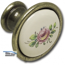 Knopf Rose  34 mm, Porzellan/ZN, elfenbein, bemalt/altvermessingt