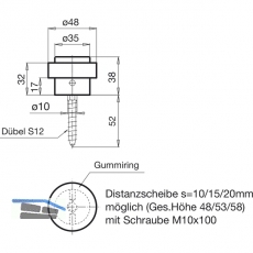 Bodentrpuffer WG,  48 mm, Hhe 38 mm, Anschlag Gummiring, silber elox.