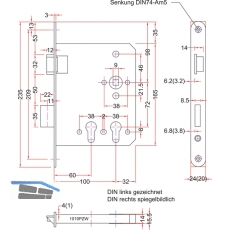 Fluchttrschloss 1019 PZW fr 2 Profilzylinder, rechts, DM 60/100, Edelstahl