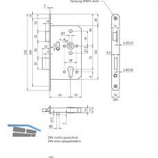 Dreifallenhauptschloss 1020 PZ, rechts, rund, DM 65 mm, Edelstahl