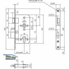 Einstemmschloss BMH 1000 PZW, links, DM 65, Rundstulp, Edelstahl