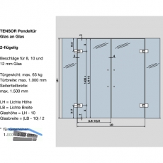 Pendeltrbeschlag Tensor Glas-Glas, Feststellpunkt 90, Edelstahl-Effekt