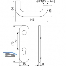 Drckerlochteil D110 mit Kurzschild PZ 72 mm, silber eloxiert