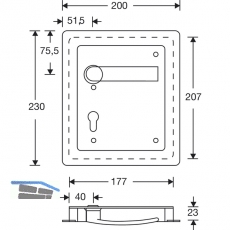Turnhallenmuschel FSB 77 7952, 200 x 230 mm, links, PZ 72 mm, VK 9 mm,Edelstahl