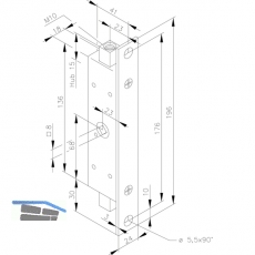 Einbauriegel mit Stulp 196 x 24 x 3 mm, Innengewinde M 10, DM 23, Stahl verzinkt