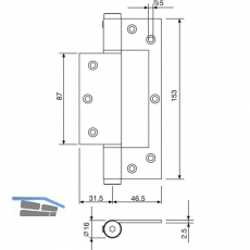 Federband ST 150 dreiteilig, Bandhhe 153 mm, Rollen  16 mm, Edelstahl