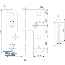 Aufschraubband B 1835 rechts, 100,2 x 86,4 x 3 mm, Edelstahl