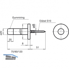 Wandtrpuffer - WG, 75 mm, mit Gummikappe, silber eloxiert