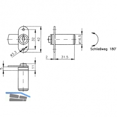 HEKNA 542 Zylinder-Hebelschloss, rechts, Schliehebel gekrpft, L 34 mm, Zamak