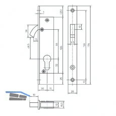 Schiebetrschloss mit Bogenriegel,PZ,DM 20,Stulp 176x20x3 eckig,silber verzinkt