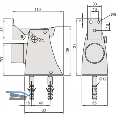 Torhalter mit Fanghaken und Puffer, Hhe 121 mm, silberfrbig