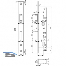 Rohrrahmenschloss Flachstulp m. Falle u. Riegel ROTO 870, DM 30, verzinkt silber