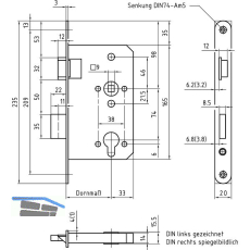 BMH Einstemmschloss 1000 Rundzylinder mit Wechsel, links, Stulp 20 mm,Edelstahl