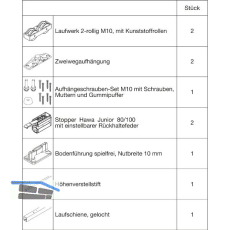 HAWA Junior 100/Z Beschlagset Holz Laufschiene L=1800 mm 2 FS Standard silber