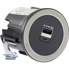 EVOline One 2fach USB Charger A+C mit Abdeckring schwarz/Edelstahl