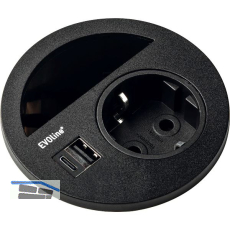 EVOline Circle80 Steckdose mit Kabeldurchgang und USB-A+C-Doppelcharger, schwarz