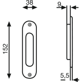 Schiebetrmuschel oval 38 x 152 mm, ungelocht, Messing verchromt matt