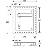 Turnhallenmuschel FSB 77 7952, 200 x 230 mm, links, PZ 72 mm, VK 9 mm,Edelstahl