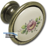 Knopf Rose  34 mm, Porzellan/ZN, elfenbein, bemalt/altvermessingt